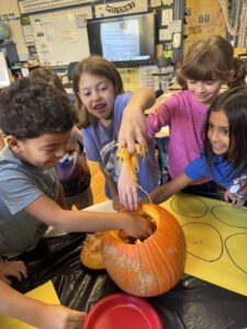 student scooping out pumpkin seeds