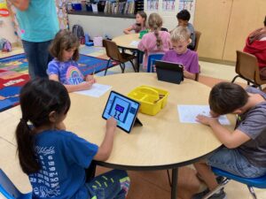 4 students around table working on creating a game